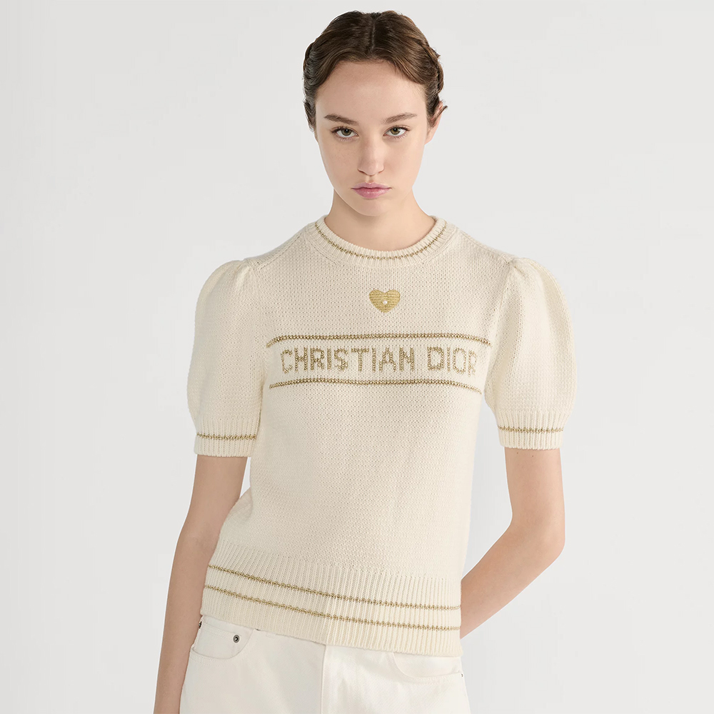 NIGO DIOR Short-Sleeved Sweater Ecru and Gold-Tone Virgin Wool-Cashmere Blend Knit #nigo335676