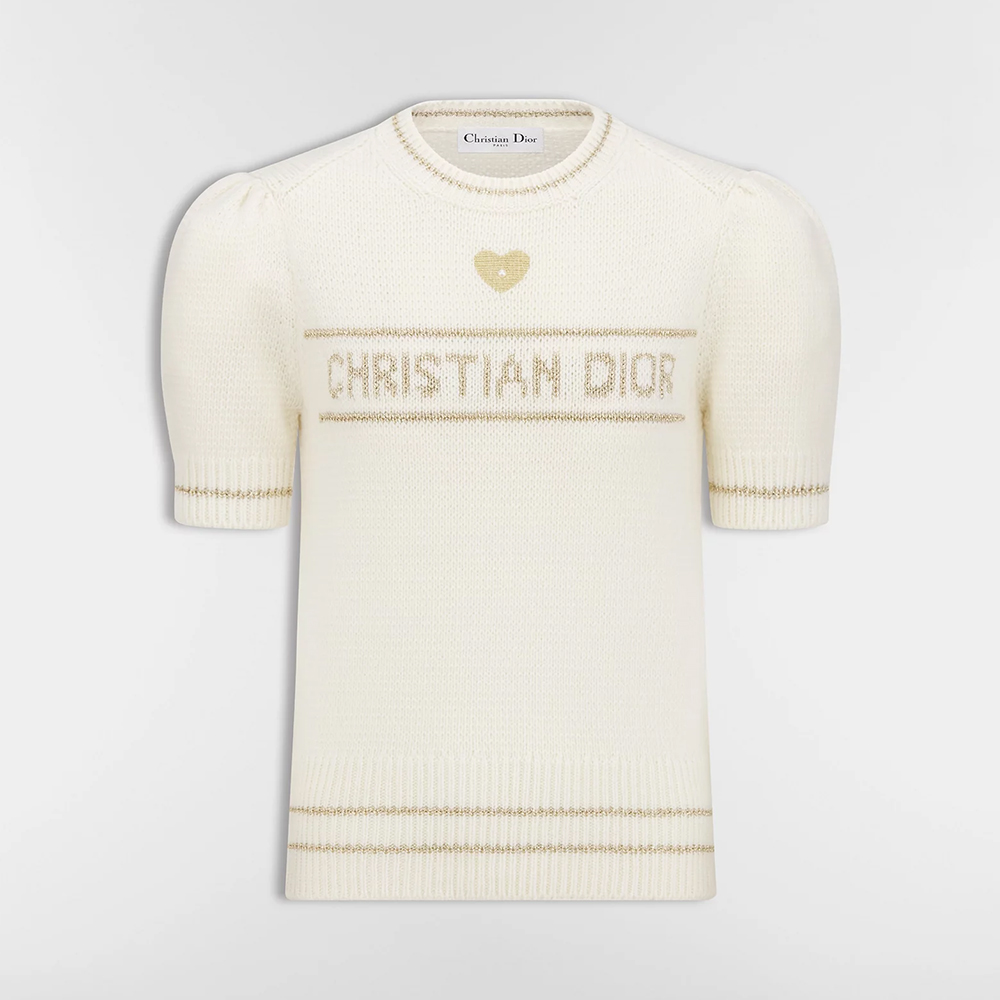 NIGO DIOR Short-Sleeved Sweater Ecru and Gold-Tone Virgin Wool-Cashmere Blend Knit #nigo335676