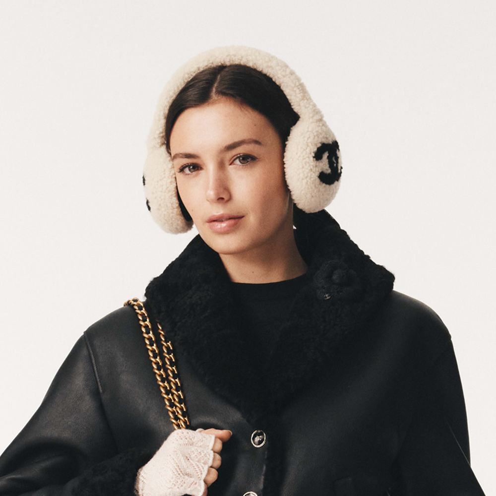 NIGO Chanel Top-quality Version Earmuffs Shearling Lambskin Black Ecru #nigo333992