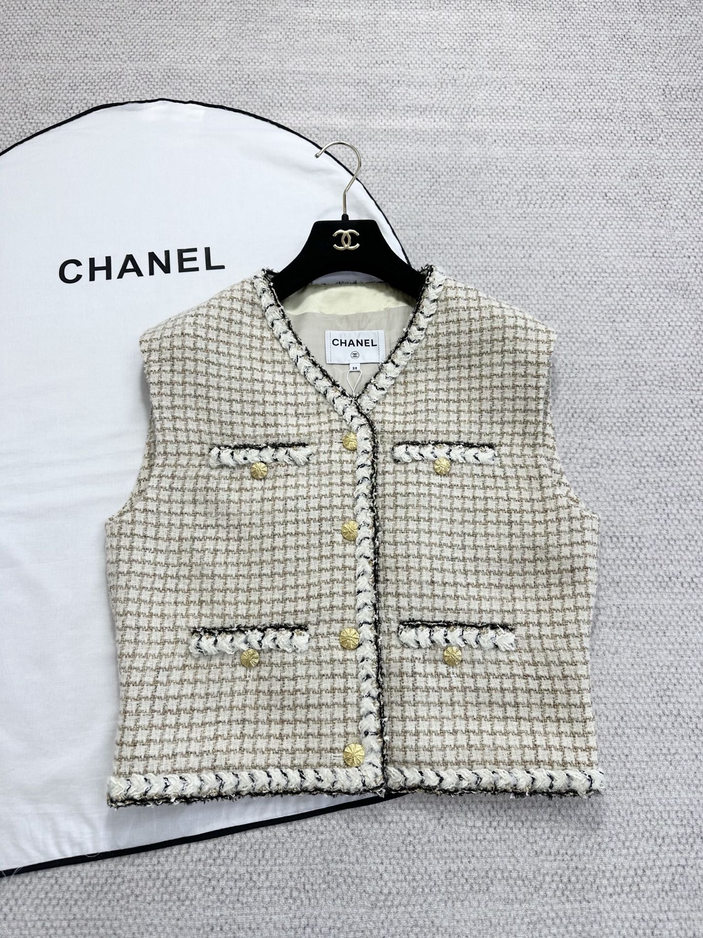 NIGO Chanel Top-quality Version Vest Wool Mohair Tweed Ecru Beige Gold Black #nigo336793