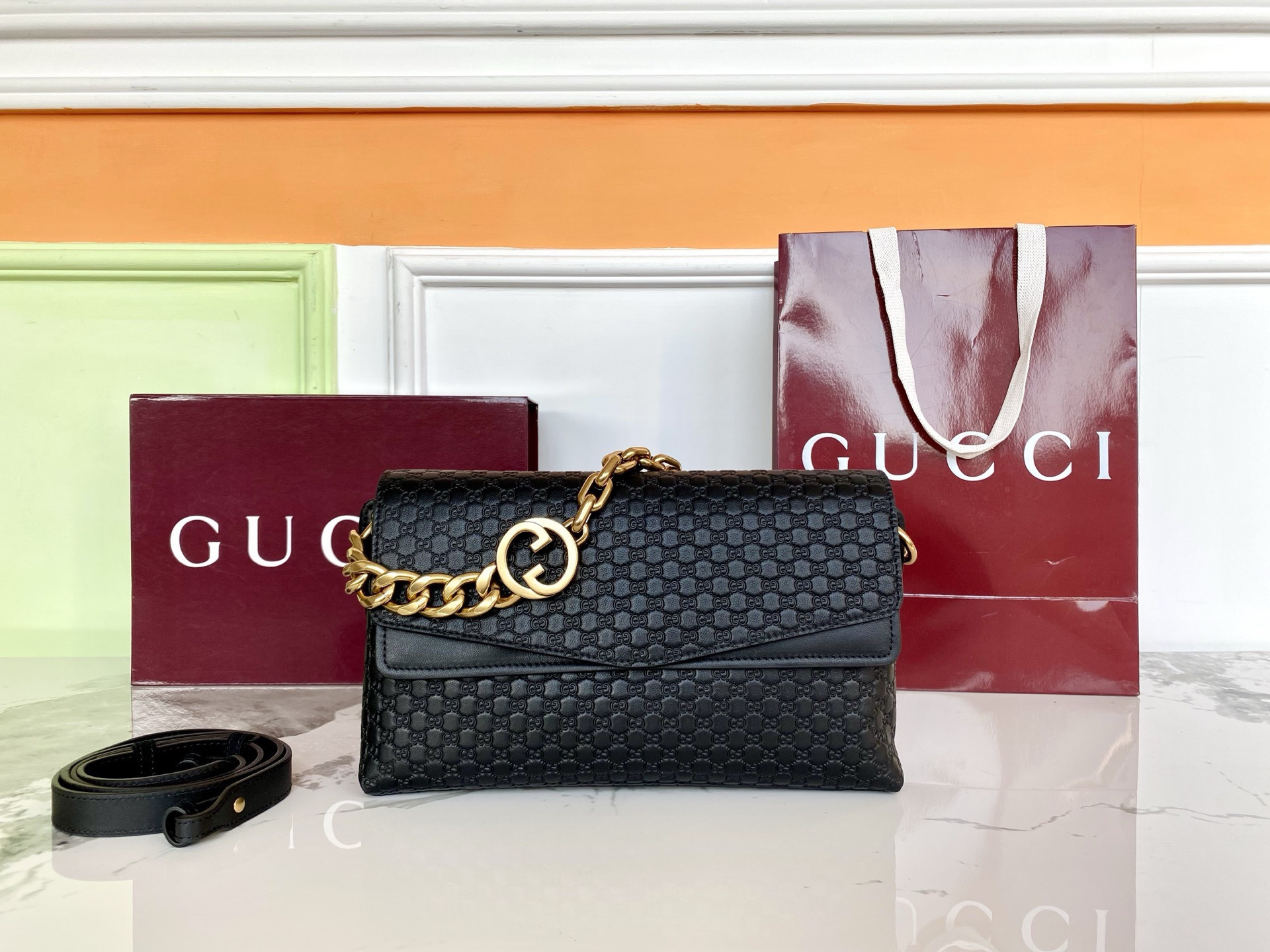 NIGO Gucci Medium shoulder bag with chain in black GG leather #nigo336824