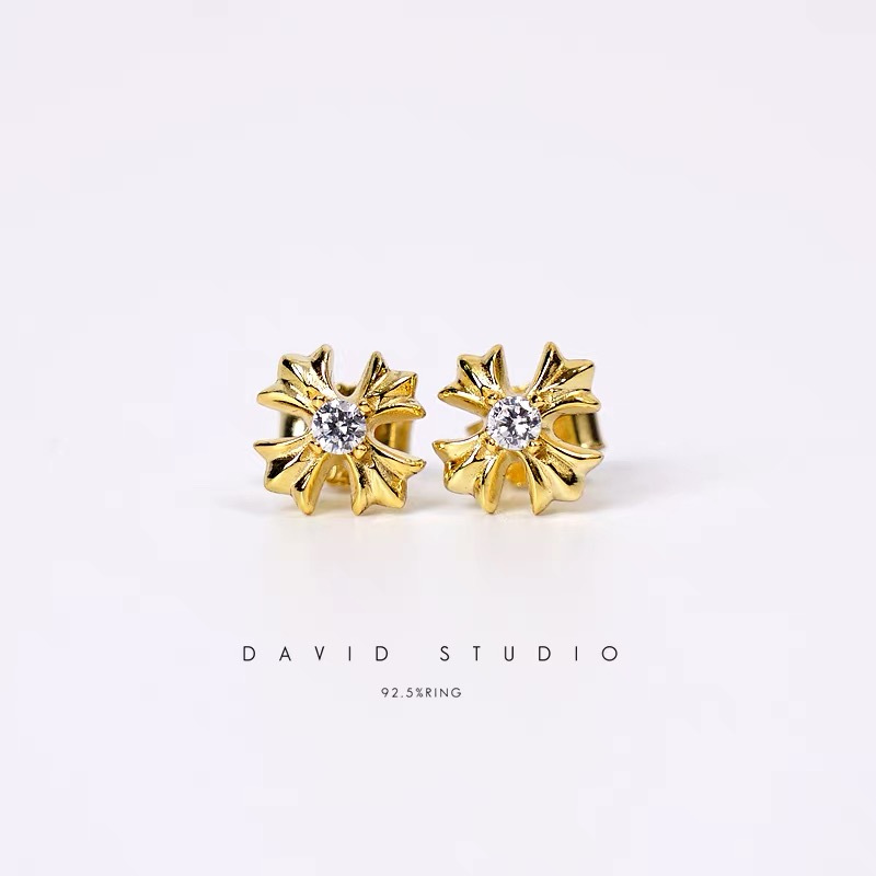 NIGO Chrome Hearts Sterling Silver Gold Plated Diamond Cross Earrings #nigo336941