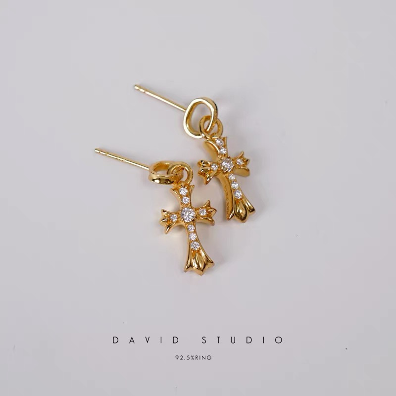 NIGO Chrome Hearts 925 Sterling Silver Gold Plated Diamond Cross Earrings #nigo336942