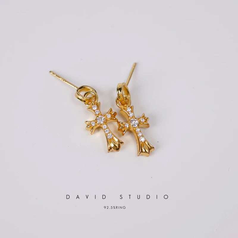 NIGO Chrome Hearts 925 Sterling Silver Gold Plated Diamond Cross Earrings #nigo336942