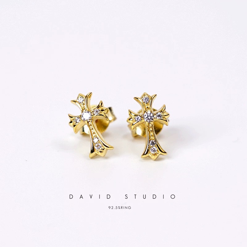 NIGO Chrome Hearts Sterling Silver Gold Plated Cross Earrings #nigo336940