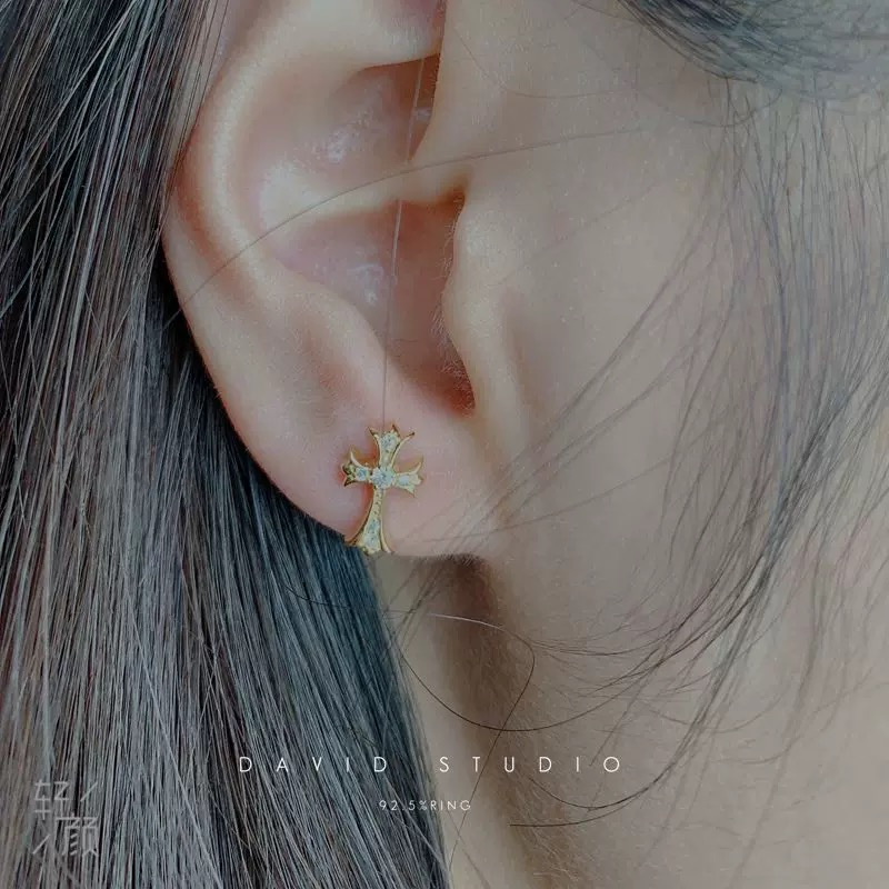 NIGO Chrome Hearts Sterling Silver Gold Plated Cross Earrings #nigo336940