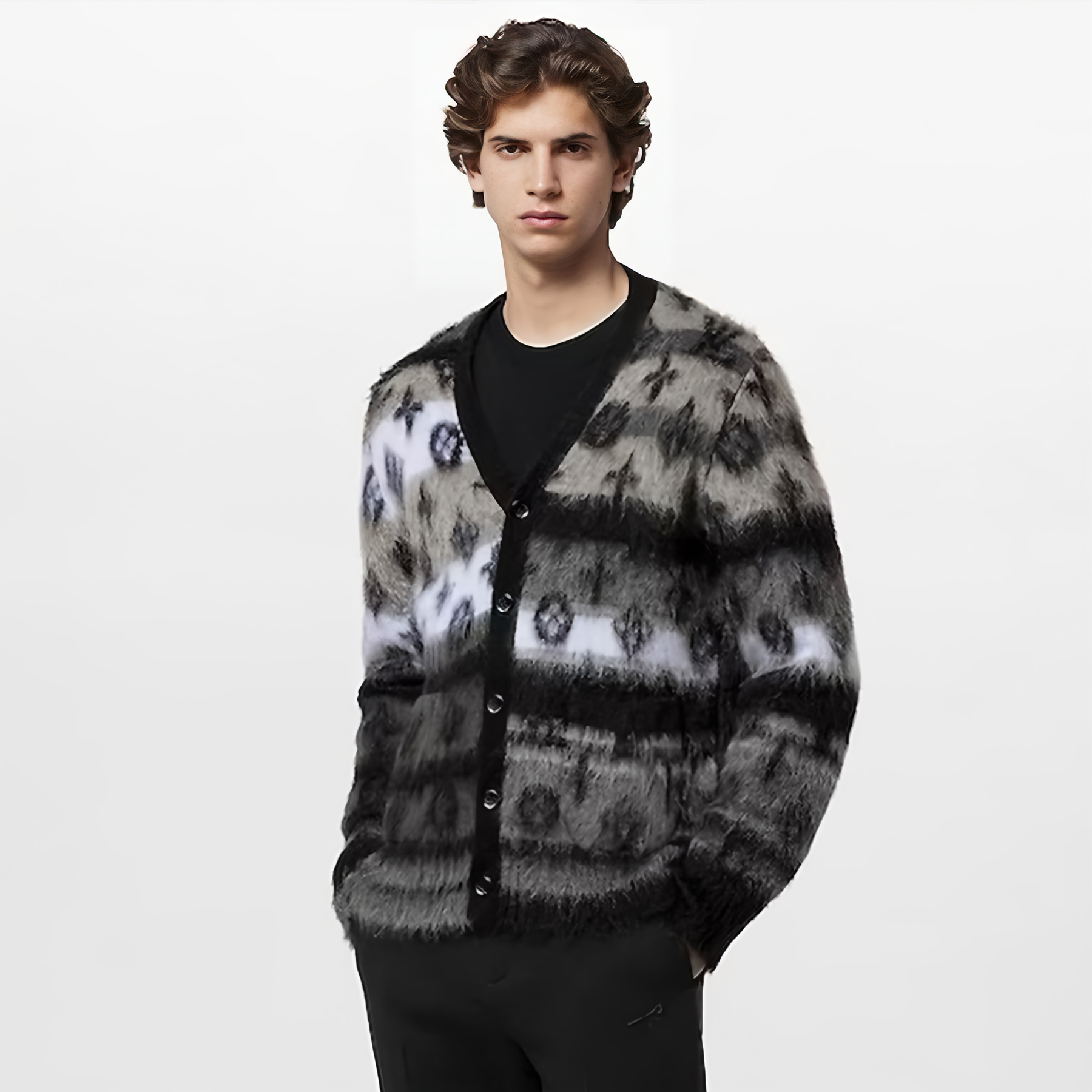 NIGO Louis Vuitton Men's Fall And Winter Black And White Jacquard Long Wool Sweater Cardigan#nigo286539