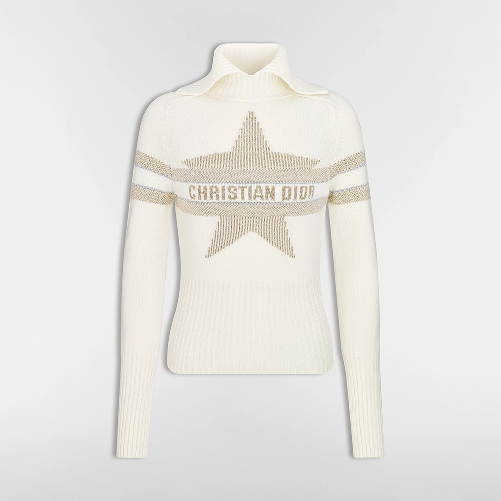 NIGO DIOR DiorAlps Mock Neck Sweater Ecru Virgin Wool Cashmere Blend Knit with Gold Tone Dior Star Motif #nigo375804