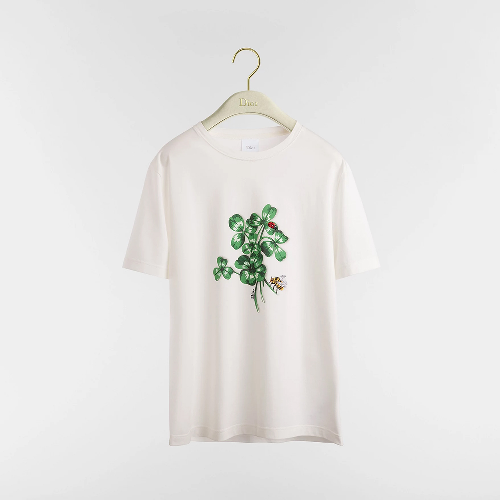 NIGO DIOR Fitted T-Shirt White Cotton Jersey with Green Dior Clover Motif #nigo375760 - 2