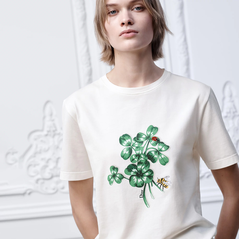 NIGO DIOR Fitted T-Shirt White Cotton Jersey with Green Dior Clover Motif #nigo375760