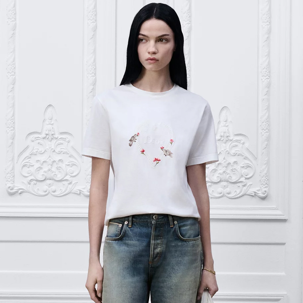 NIGO DIOR Dioramour Fitted T-Shirt White Cotton Jersey with Multicolor Doves Roses Motif #nigo375761
