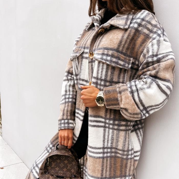 Elegant plaid design long sleeve women coat
