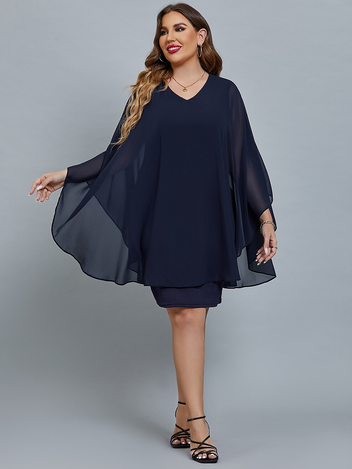 Women's Plus Size Curve Party Dress Solid Color V Neck 3/4 Length Sleeve Fall Spring Elegant Prom Dress Midi Dress Formal Party Dress / Date / Mesh