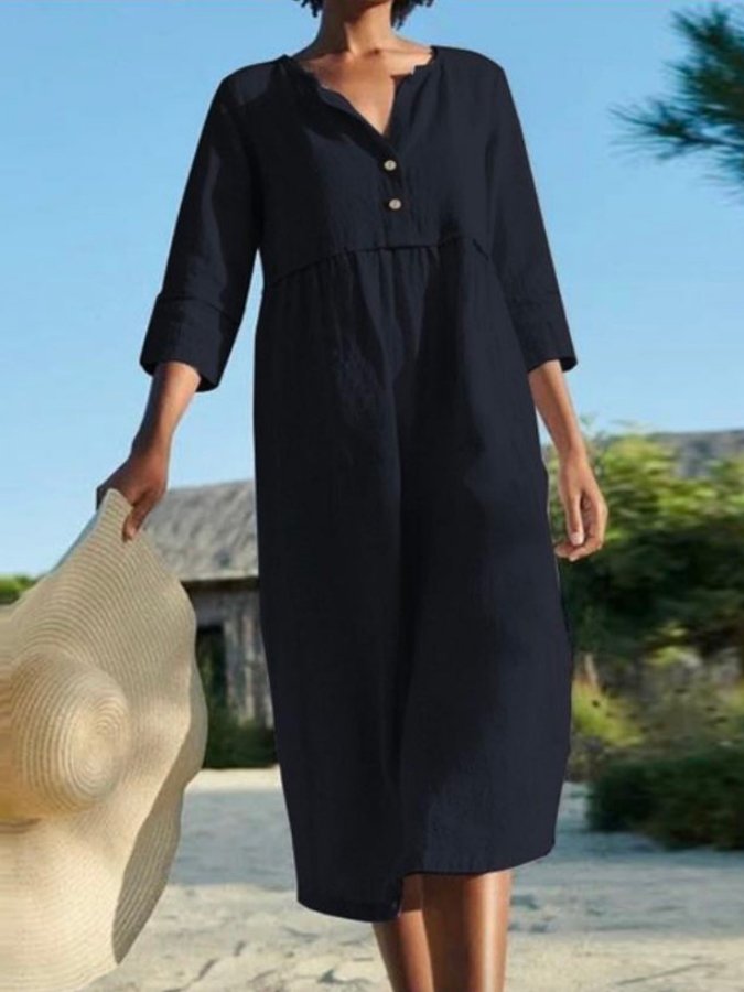 Ladies Cotton Linen Round Neck Pocket Solid Color Dress