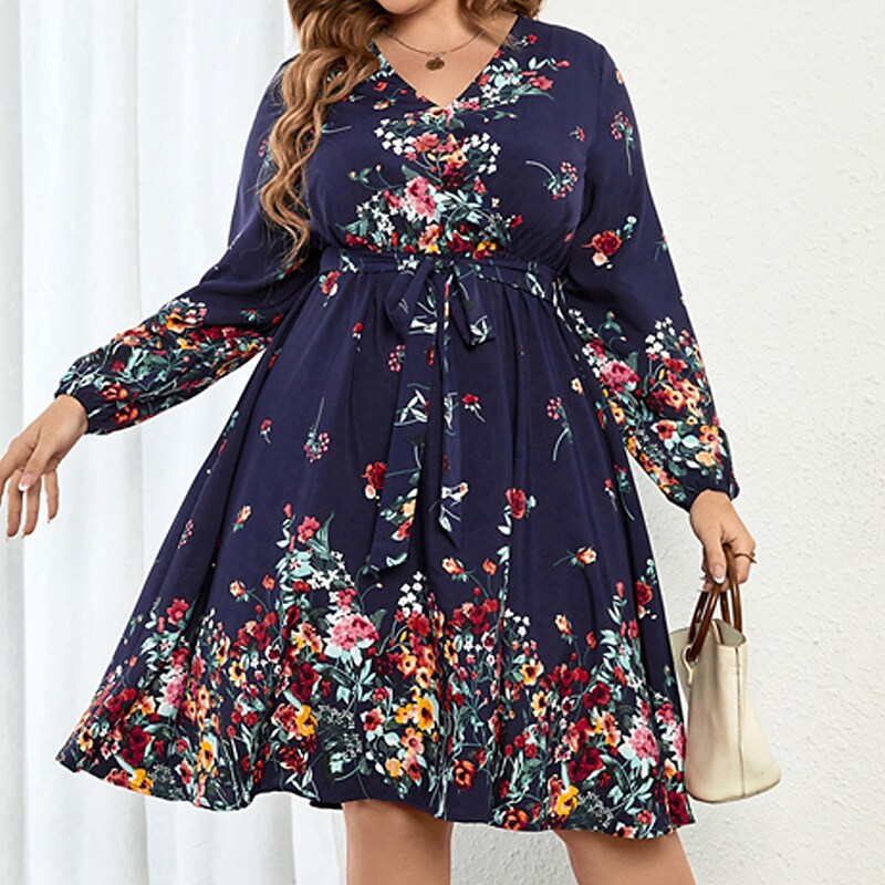Women's Plus Size Casual Dress Floral V Neck Long Sleeve Fall Winter Casual Knee Length Dress Causal Daily Dress