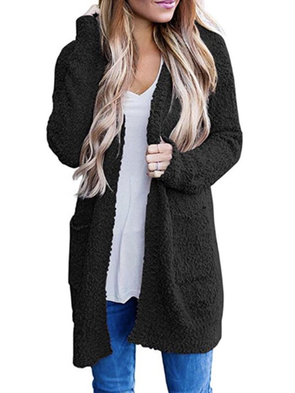 Solid Color Velvet Double Pocket Cardigan Long Sleeve Sweater
