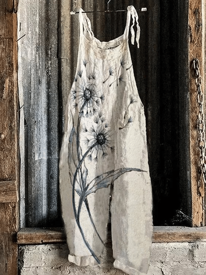 Women's Casual Dandelion Print Jumpsuit Suspender