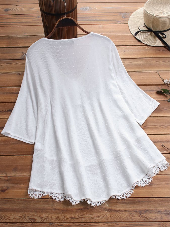 Women's V-Neck Lace Cutout Jacquard Shirt