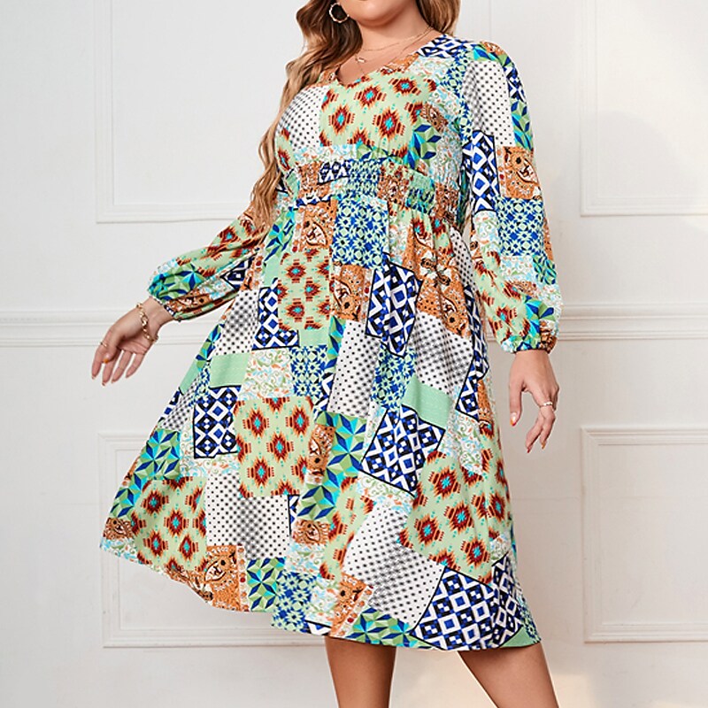 Women's Plus Size Casual Dress Geometric V Neck Long Sleeve Fall Winter Casual Midi Dress Causal Daily Dress