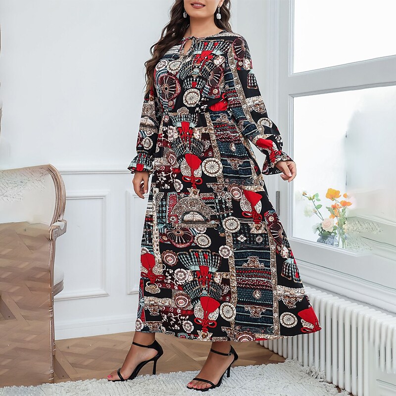 Women's Plus Size A Line Dress Print Crew Neck Long Sleeve Fall Winter Stylish Casual Maxi long Dress Date Vacation Dress