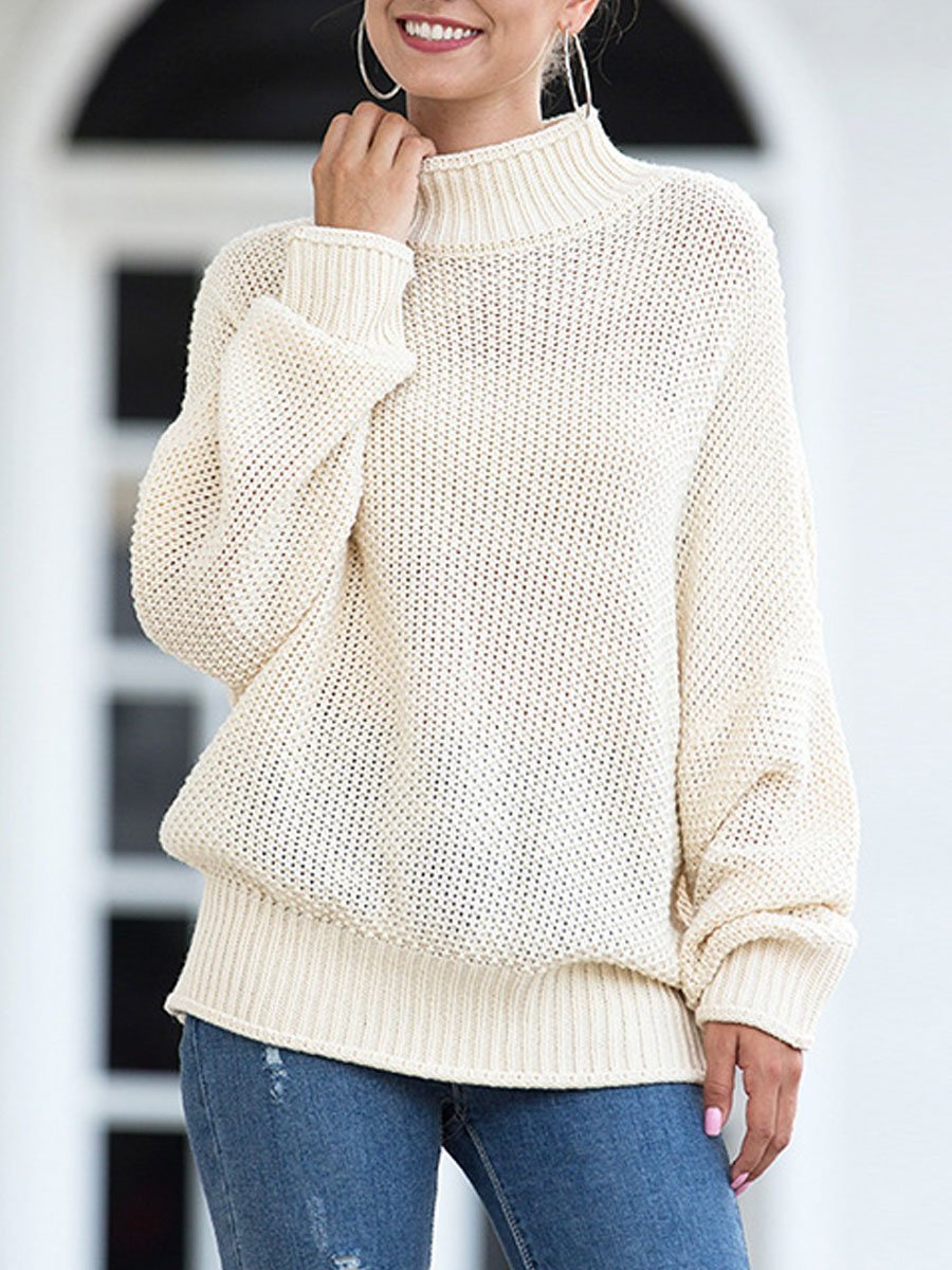 Rolled high neck bat sleeve knit sweater