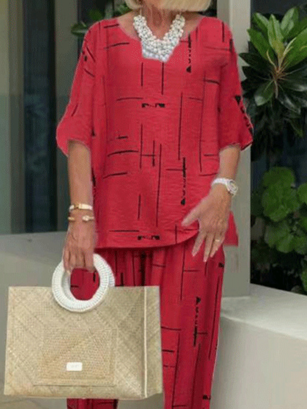 Round neck 5 / 4 sleeve top slacks 2-piece set