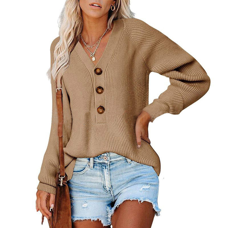 Women's Solid Long Sleeve Button Sweater