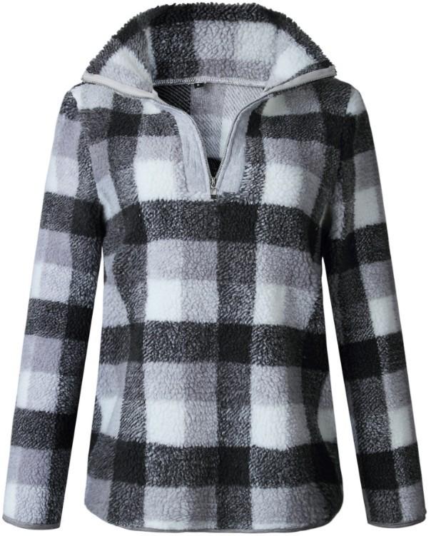 Band Collar Zipper Gingham Plaid Sweater/Sweatshirt
