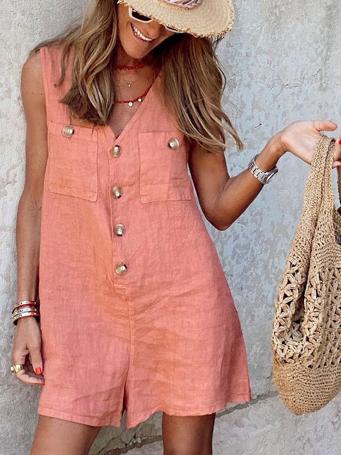 Ladies Cotton Linen V-Neck Button Patch Pocket Jumpsuit