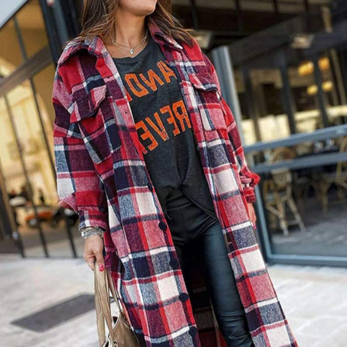 Winter plaid print long sleeve women coat