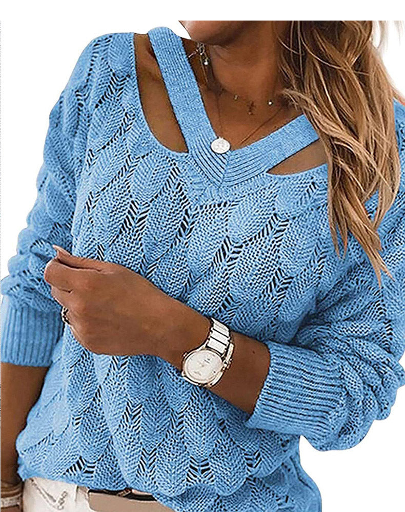 Women's Off the Shoulder Sweater Long Sleeve V-Neck Top