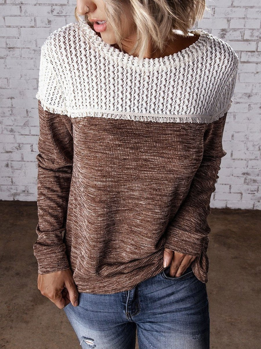 Round neck stitching knitted sweater