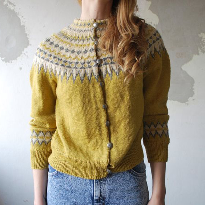 Vintage Contrast Jacquard Button Sweater Cardigan