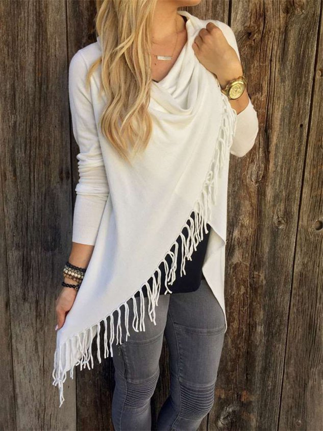 Knitted Long Sleeve Asymmetrical Fringed Solid Plus Size Sweater