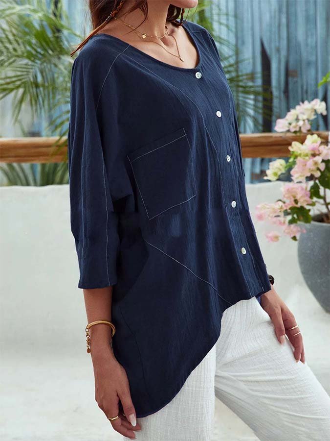 Women's Linen 3/4 Sleeve Crew Neck Button Down Shirt