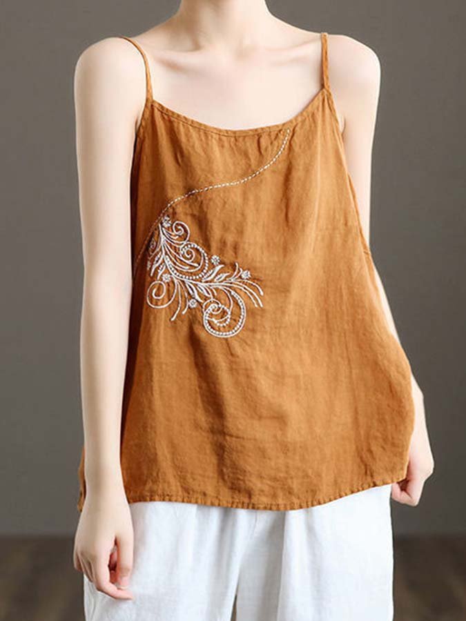 Women's Linen Embroidered Loose Sling Top
