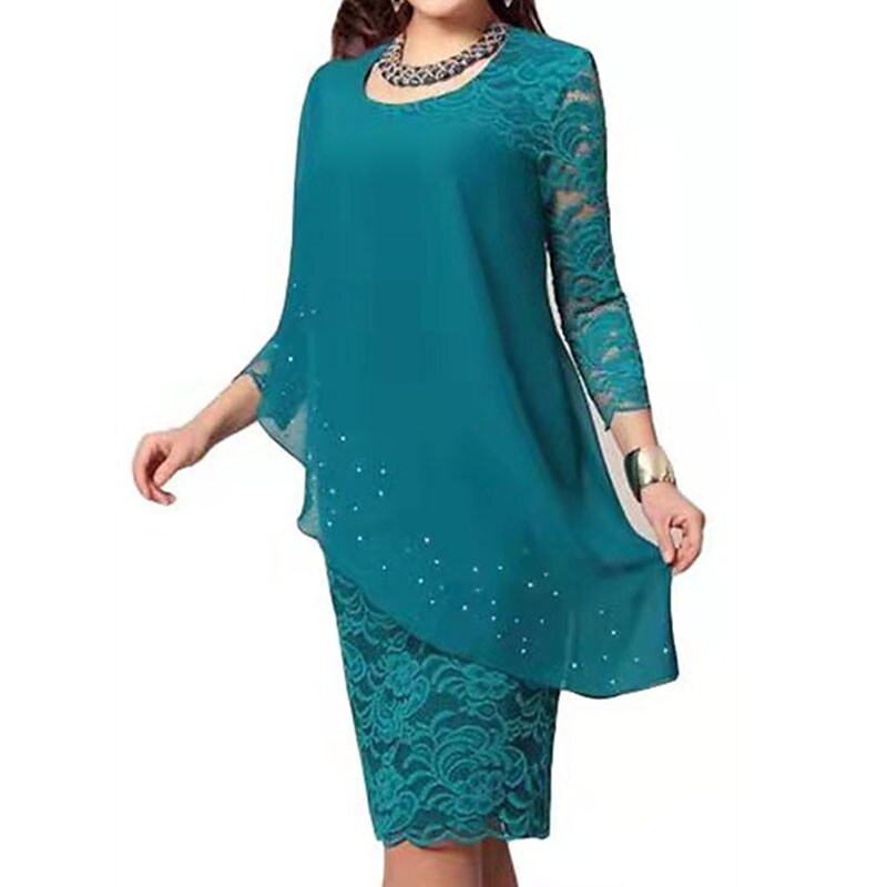 Women's Plus Size Lace Dress Pure Color Round Neck 3/4 Length Sleeve Dress