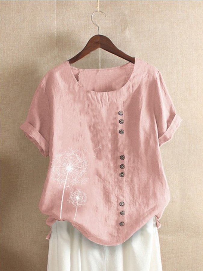 Women's Cotton Linen Fashion Dandelion Print Round Neck Short Sleeve T-Shirt