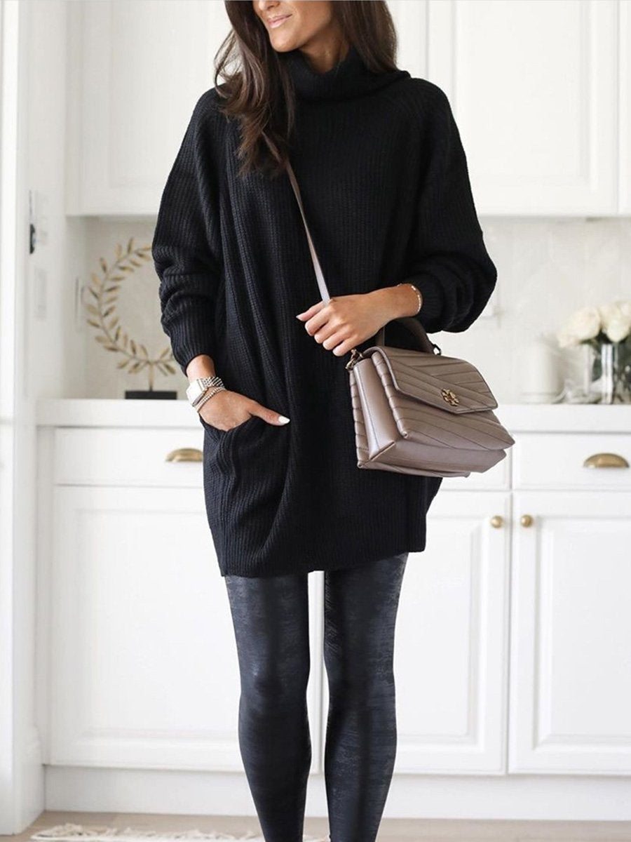 Knitted Turtleneck Solid Color Long Sweater