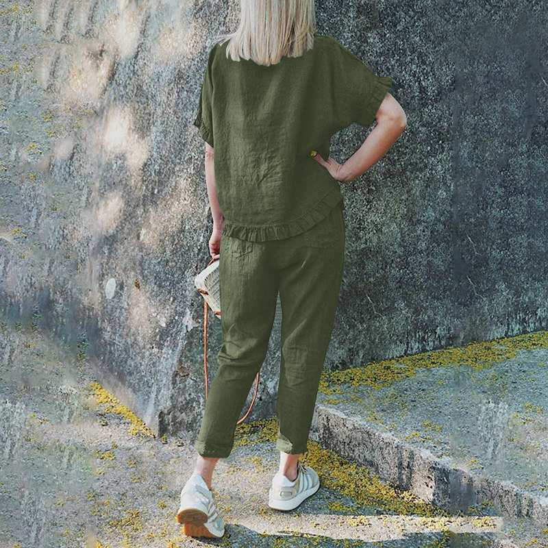 Cotton and linen short sleeve top + trousers loose fitting suit
