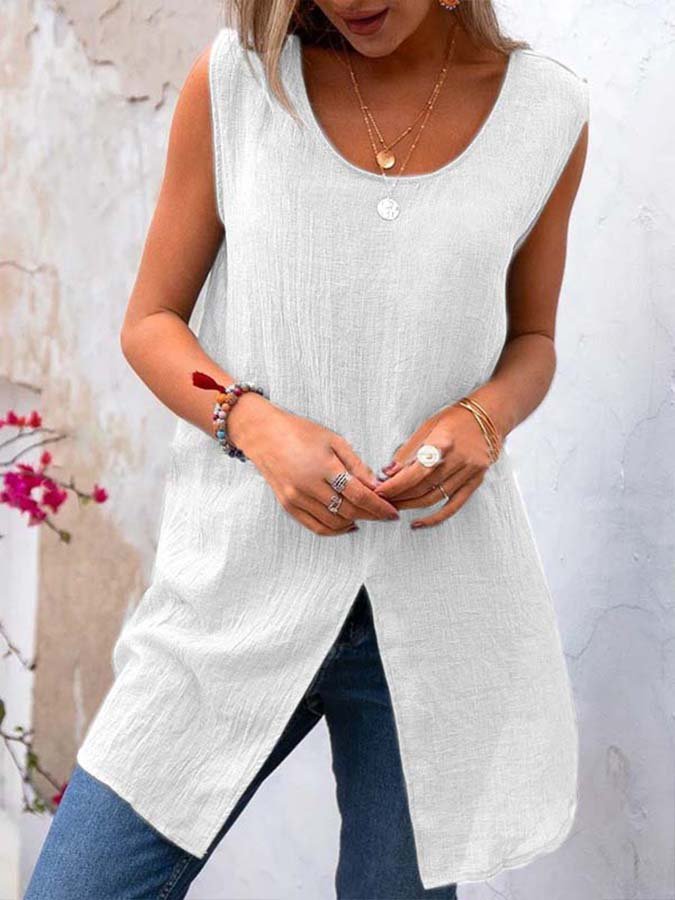 Women's Cotton Linen Slit Sleeveless Top