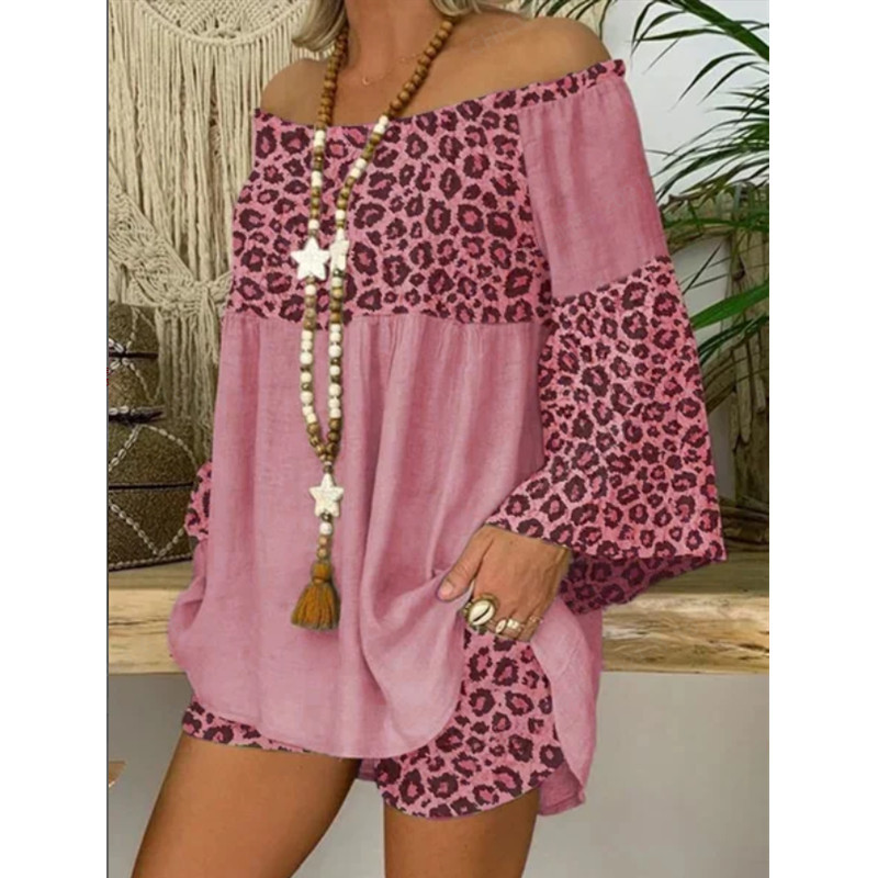Leopard Splicing Loose plus Size Cotton and Linen Suit