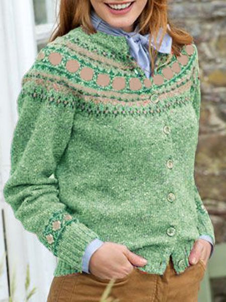 Long Sleeve Knitted Color-Block Geometric Outerwear