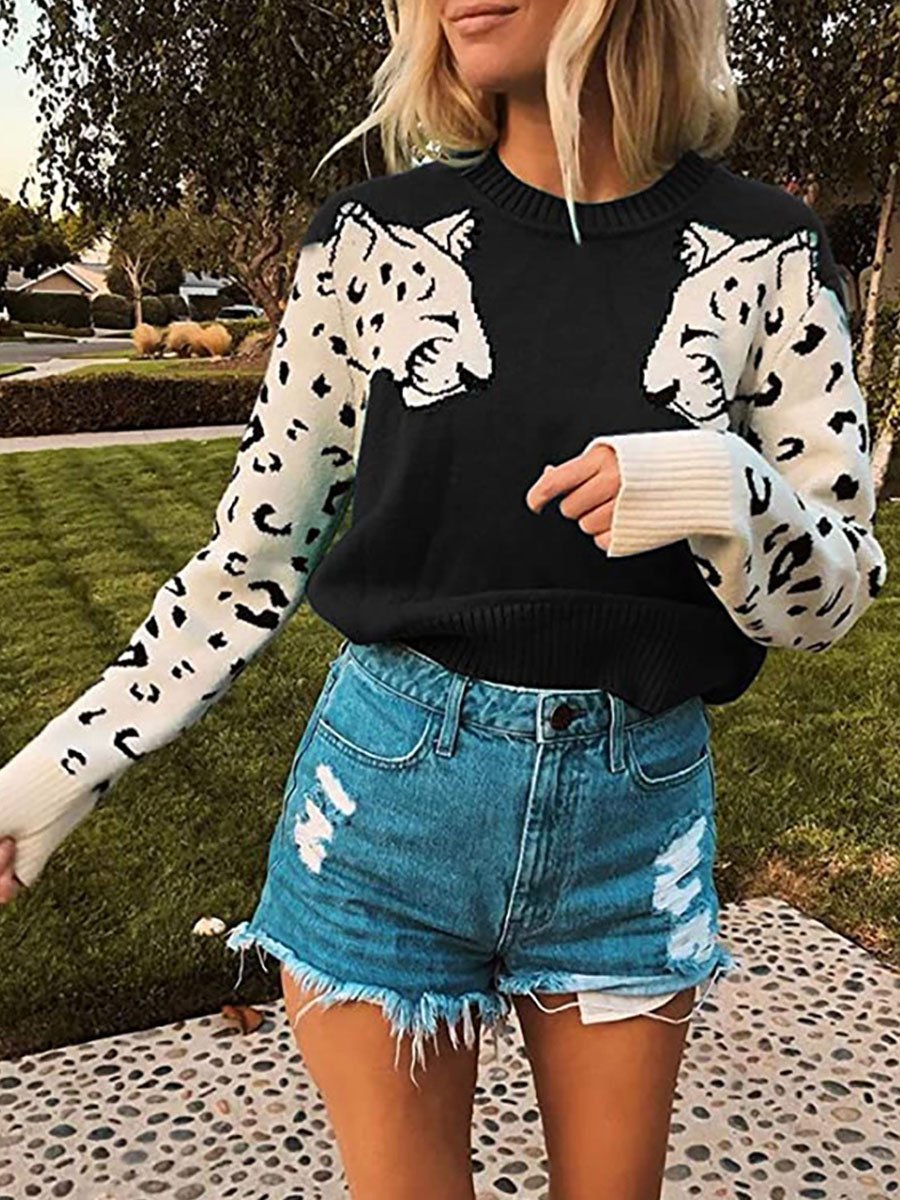Two Leopard Head Color-block Sweaters
