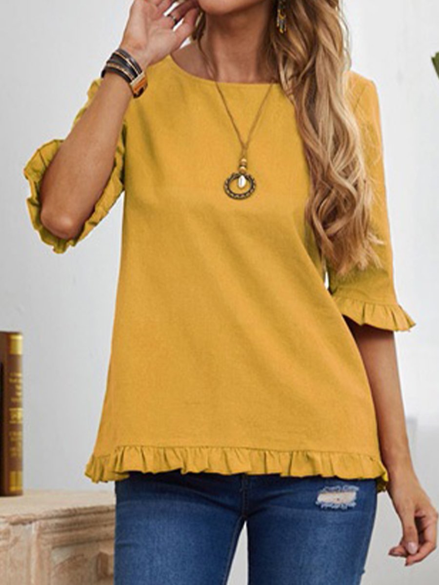 Women's Solid Color Pleated Cuff Sleeves Cotton Linen Top