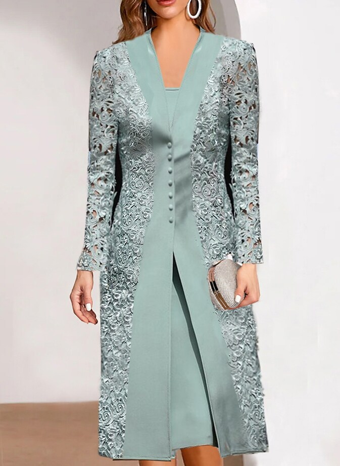 Women's Dress Set Two Piece Dress Knee Length Dress Green Long Sleeve Pure Color Print Fall Winter V Neck Stylish Modern 2022 S M L XL 2XL 3XL