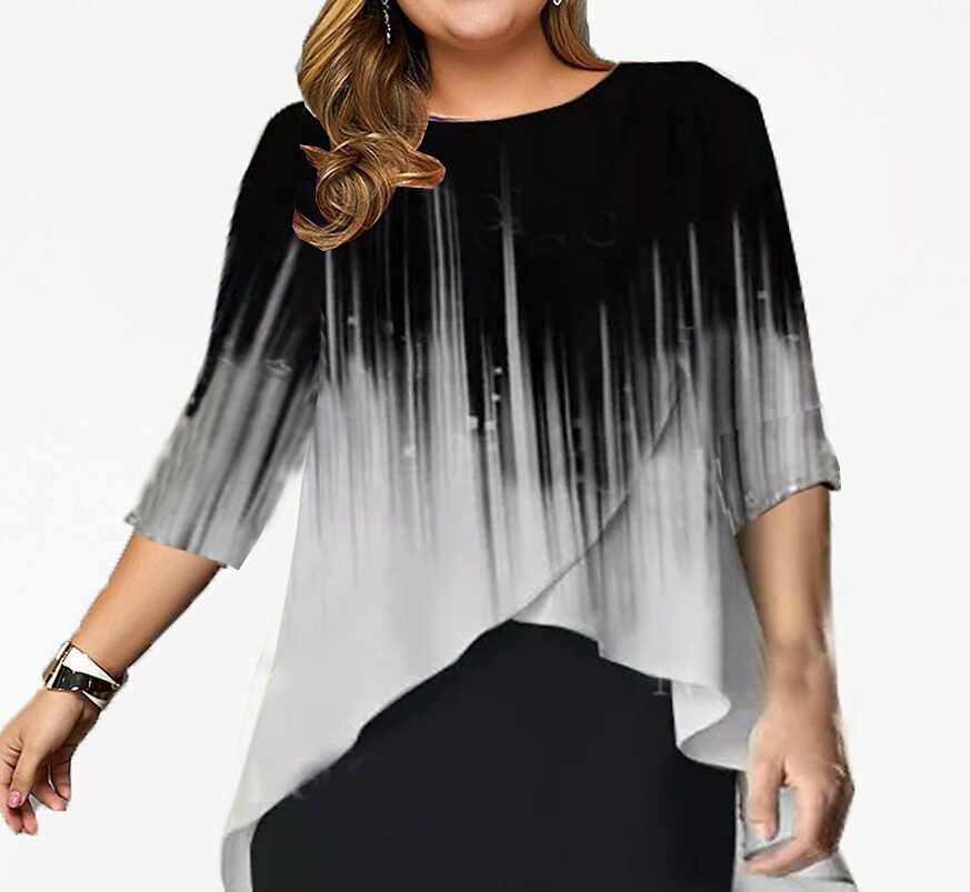 Women's Plus Size Two Piece Dress Color Gradient Crew Neck