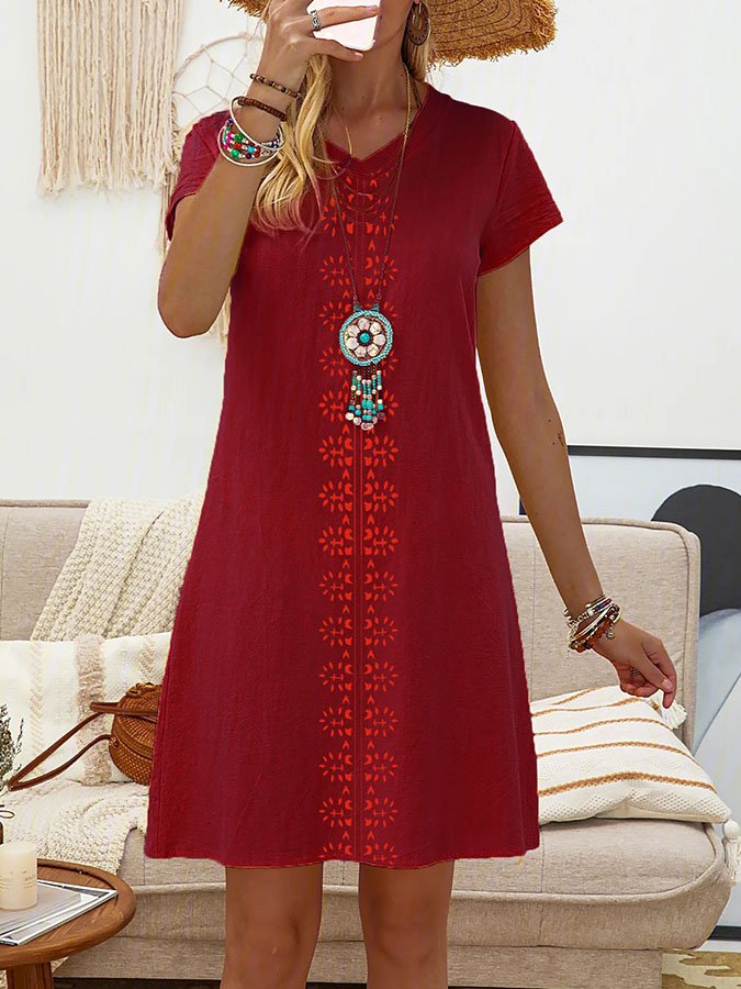 Printed Cotton And Linen V-Neck Dress