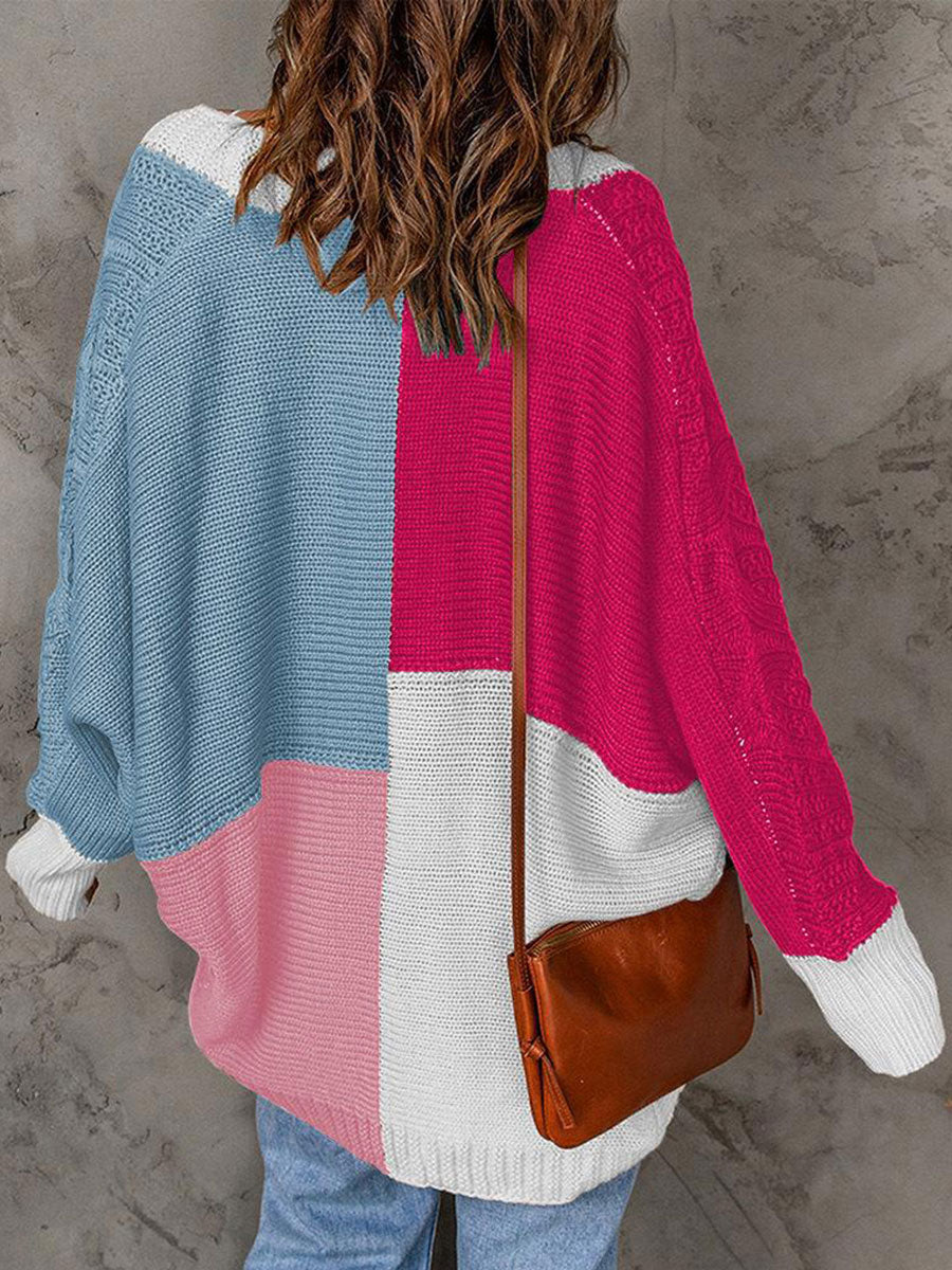 Casual Loose Sweater Contrast Panel Cardigan