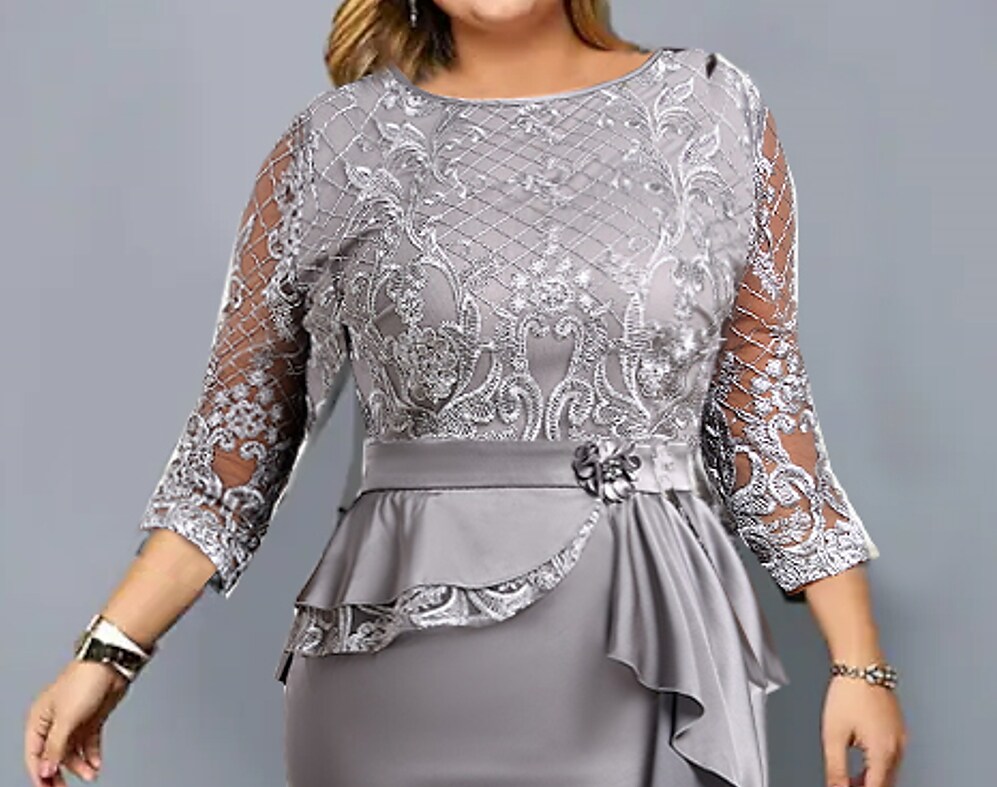 Women's Plus Size Work Dress Floral Crew Neck 3/4 Length Sleeve Winter Fall Stylish Elegant Midi Dress Date Work Dress / Sheath Dress
